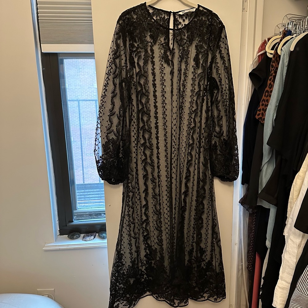 Zara Black Tulle Embroidered Sheer Dress